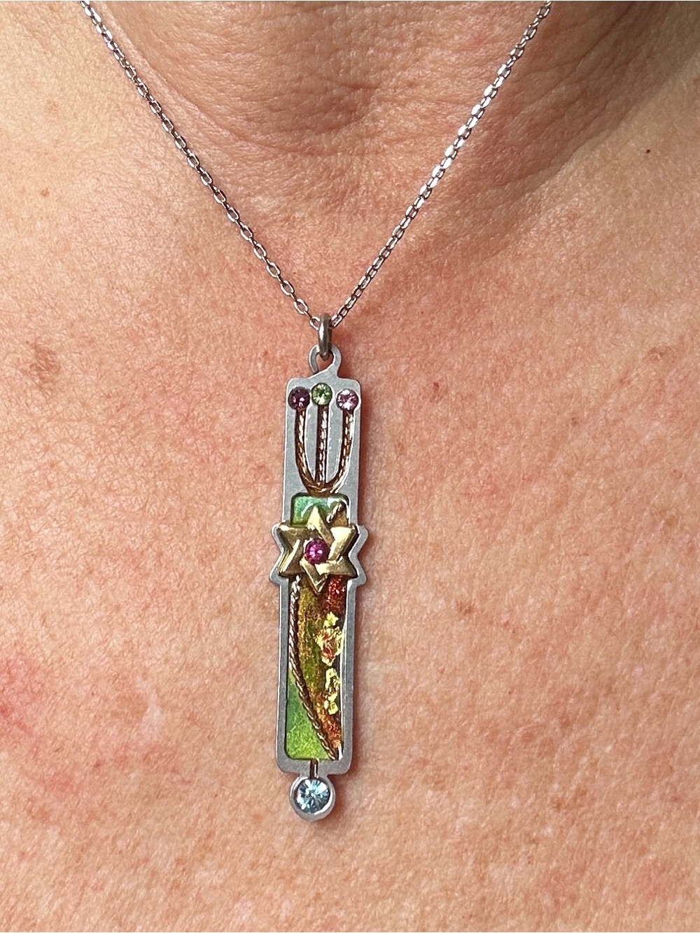 Silver Mezuzah Multicolor Enamel Pendant Necklace Swarovski stones